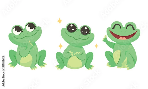 Fototapeta A collection of playful cartoon frogs displaying their cute and joyful expressions