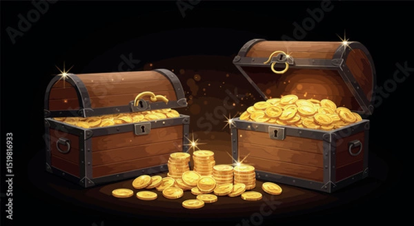 Obraz Two treasure chests overflowing with gold coins on black background
