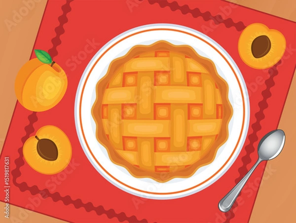 Fototapeta Lattice apricot pie on a plate top view vector illustration. Round sweet pie and fresh apricots on a wooden table above view vector. Whole latticed apricot pie on the table drawing