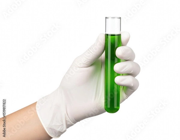Obraz A hand holding a green test tube filled with liquid in a laboratory setting indicating scientific research, experimentation, or chemical analysis isolate on transparent background