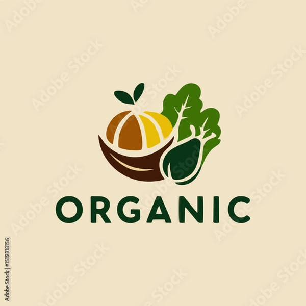 Obraz A whimsical logo design featuring a happy carrot and apple character, perfect for a playful organic food brand encouraging children to embrace healthy eating habits.