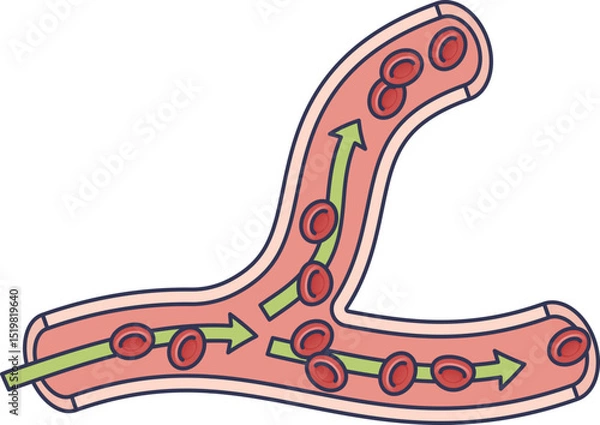 Obraz Illustration of blood flow in a branching blood vessel with red blood cells and arrows.