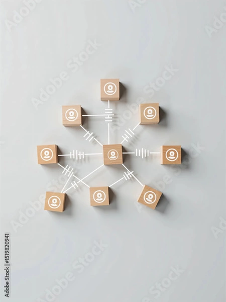 Obraz Wooden Cubes Connected with Lines on Blue Background Representing Social Network and Organizational Structure, Illustrating Teamwork, Digital Communication, and Business Collaboration