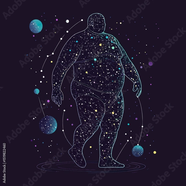 Obraz Abstract digital wireframe illustration of obese male figure composed of starry cosmic points, planetary orbits, interconnected constellation lines on dark space background