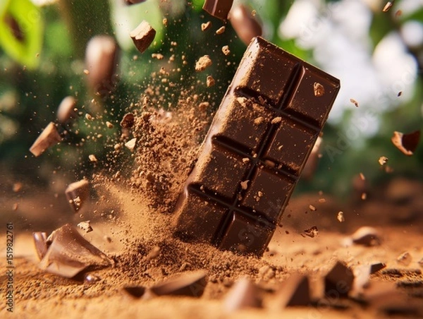 Obraz Close-up of a chocolate bar being broken, with a blurred cocoa farm