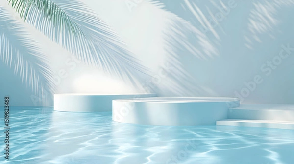 Fototapeta Minimalistic product display podium with sunlight and water reflection background