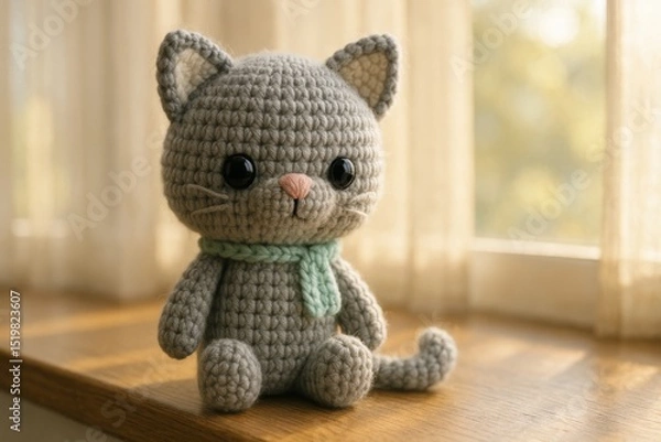 Obraz handmade crochet cat doll sitting on a windowsill