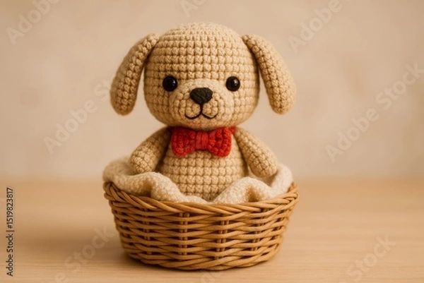 Obraz crochet puppy doll sitting inside a small woven basket with a soft blanket