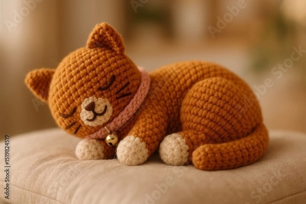 Obraz crochet cat laying curled up on a soft cushion