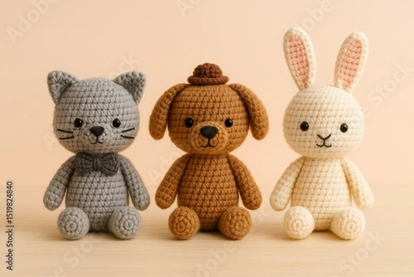 Obraz Three handmade crochet animal dolls, a cat, a dog, and a bunny lined up in front of a plain pastel background