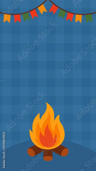 Fototapeta São João, festa junina poster vertical com ilustração de bandeirolas e fogueira, fundo quadriculado, espaço para texto, formato de Instagram story