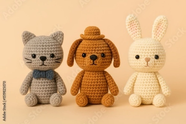 Obraz Three handmade crochet animal dolls, a cat, a dog, and a bunny lined up in front of a plain pastel background