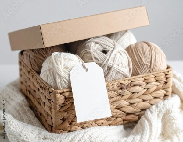 Fototapeta Beige Yarn Balls in Woven Box with Blank Tag