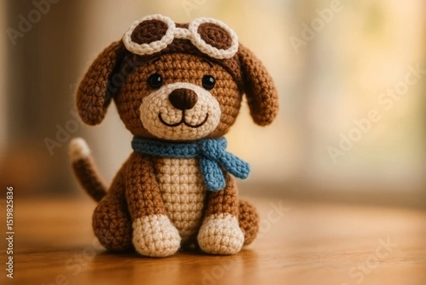 Obraz crochet dog wearing aviator goggles and a tiny blue scarf, sitting on a wooden surface