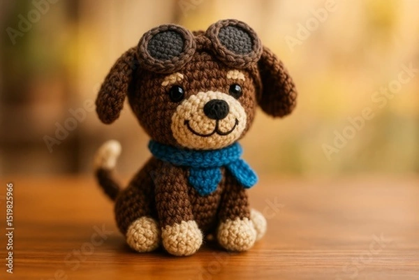 Obraz crochet dog wearing aviator goggles and a tiny blue scarf, sitting on a wooden surface