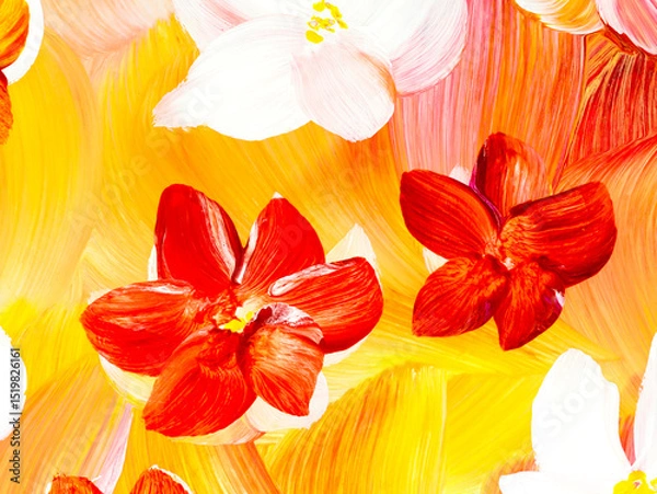 Fototapeta Abstract red flowers, original hand drawn, impressionism style, color texture, brush strokes of paint, art background.
