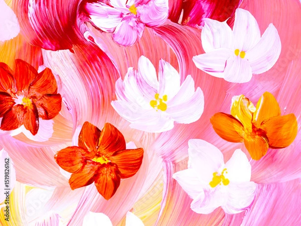Fototapeta Abstract pink and red flowers, original hand drawn, impressionism style, color texture, brush strokes of paint, art background.