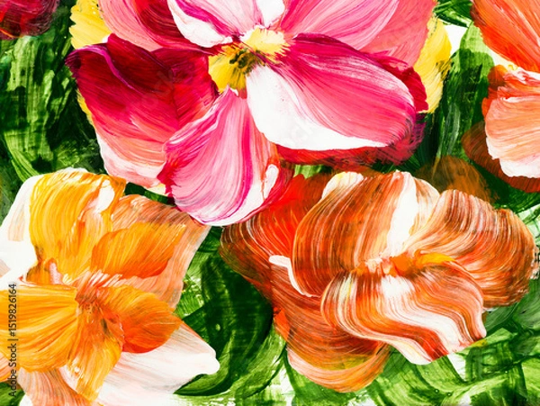 Fototapeta Abstract flowers, original hand drawn, impressionism style, color texture, brush strokes of paint, art background.
