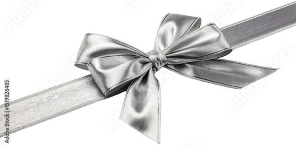 Fototapeta Silver Metallic Ribbon Tied in Shiny Bow, Isolated on Transparent Background