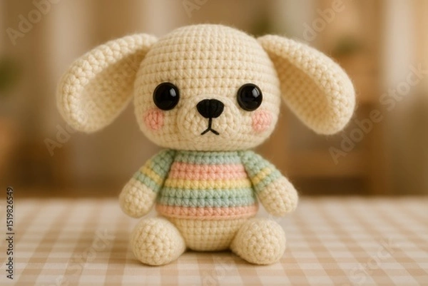 Obraz large-eared crochet puppy sitting on a checked fabric