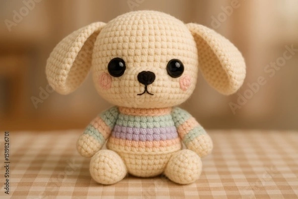 Obraz large-eared crochet puppy sitting on a checked fabric
