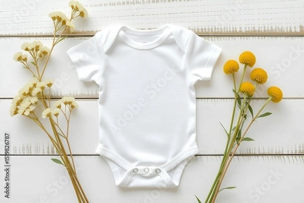 Fototapeta White Baby Onesie Flat Lay with Flowers on Wooden Background