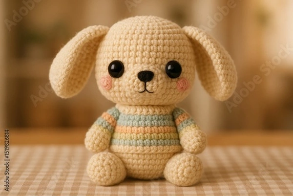 Obraz large-eared crochet puppy sitting on a checked fabric