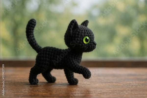 Obraz crochet kitten with black yarn fur and bright green button eyes