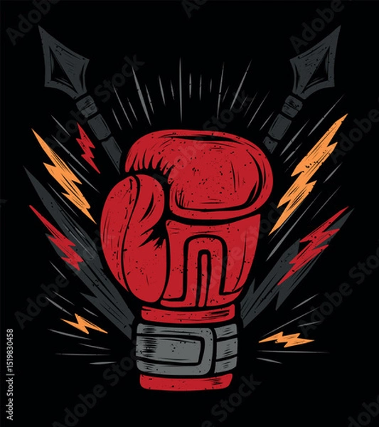Obraz Boxing gloves poster with lightning and spear, boxing championship tee design. grunge textured print sport boxer illustration in sketch style. Silhouette of boxing gloves
