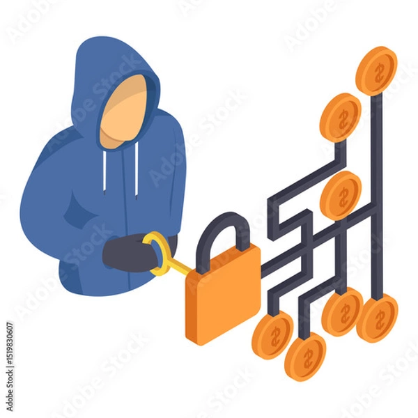 Fototapeta security keys Hacking isometric Concept,  physical two-factor authentication key vector icon design, White Collar Crime symbol, Computer crime Sign, security breakers stock illustration