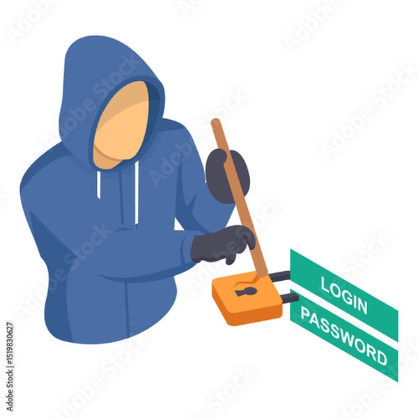 Fototapeta Burglar Trying To Break the Gate with a Crowbar isometric Concept, Breaking Master Lock vector icon design, White Collar Crime symbol, Computer crime Sign, security breakers stock illustration