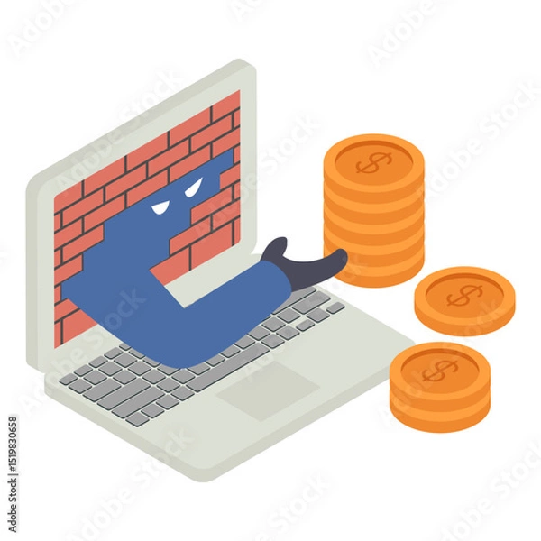 Obraz Breaking Firewall and stealing cryptocurrency isometric Concept, bypassing Network Security vector icon design, White Collar Crime symbol, Computer crime Sign, security breakers stock illustration