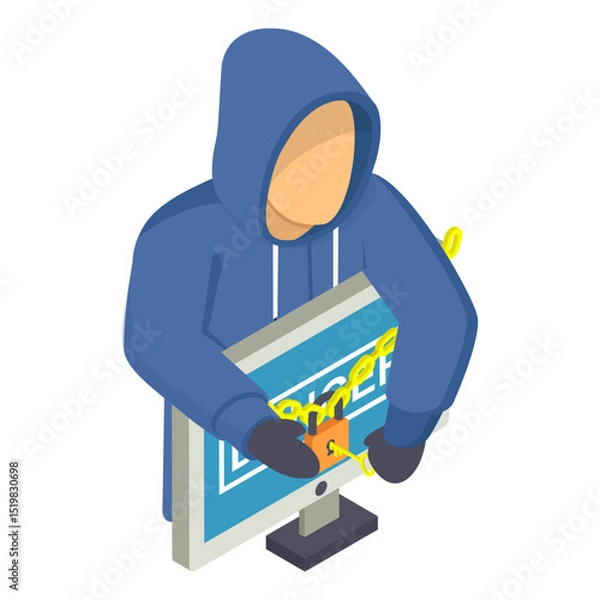 Fototapeta Hacker Stealing the Information from Mainframe isometric Concept, Firewall Cracking vector icon design, White Collar Crime symbol, Computer crime Sign, security breakers stock illustration