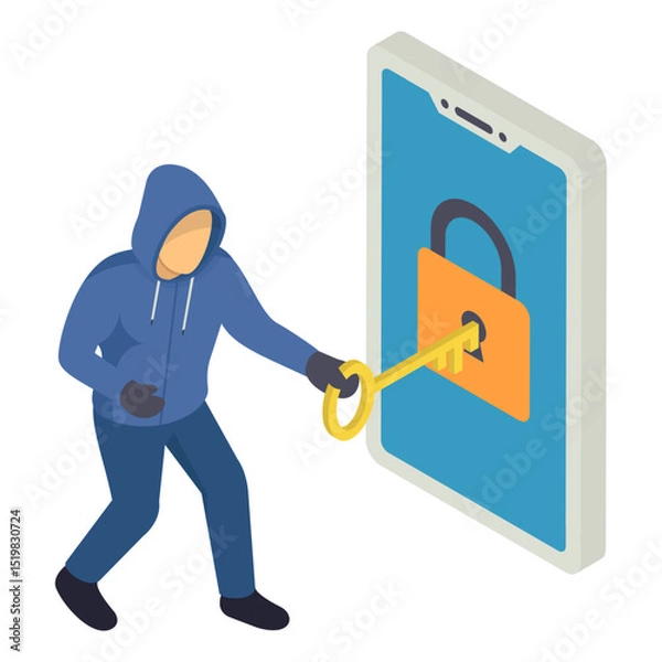 Obraz intruder trying to open the door isometric Concept, hacker using anonymous hash keys vector icon design, White Collar Crime symbol, Computer crime Sign, security breakers stock illustration