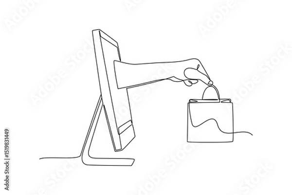 Obraz Online shopping illustration. Hand holding shopping bag on computer screen in continuous line drawing