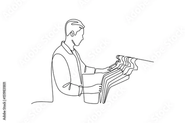 Obraz Customer choosing clothes from hangers in clothing store continuous line drawing