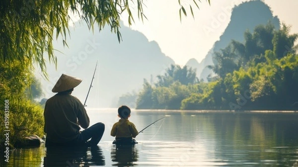 Fototapeta Father and son fishing by a tranquil river, scenic mountains in background.