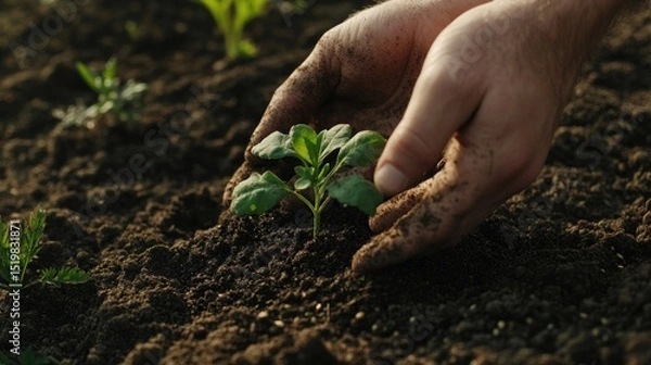 Fototapeta Hands planting a seedling in rich dark soil.
