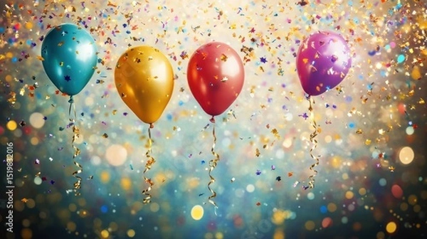 Fototapeta Four colorful balloons and confetti against a sparkling background.