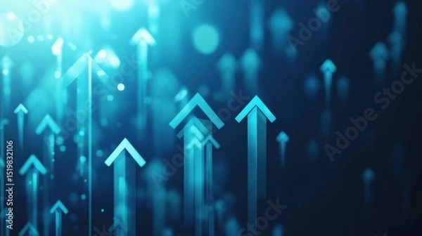 Fototapeta Abstract background with glowing blue upward arrows symbolizing growth, success, and progress.