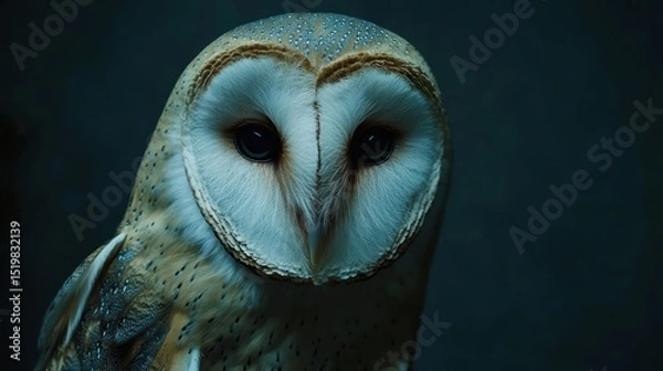 Fototapeta Close-up portrait of a barn owl, its face sharply in focus against a dark background.