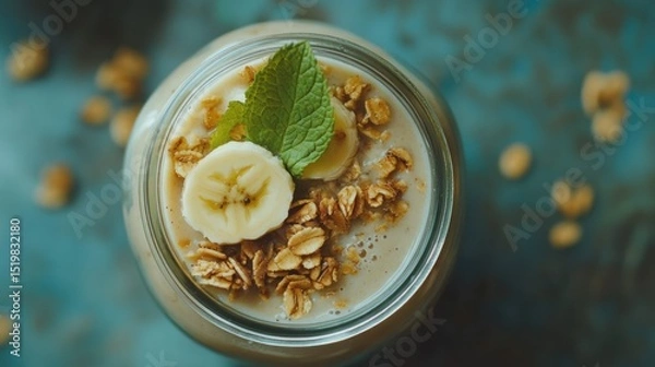 Fototapeta Creamy banana smoothie topped with granola and mint in a glass jar.