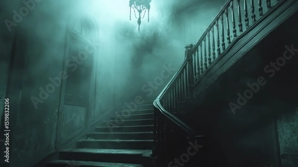 Fototapeta Spooky, foggy staircase in an old haunted house.