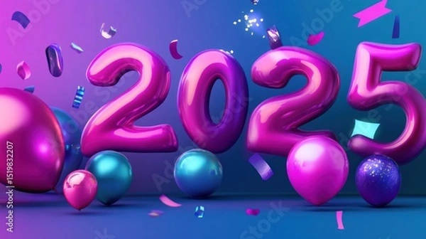 Fototapeta Shiny pink 2025 balloons with confetti and sparkles for New Year's celebration.
