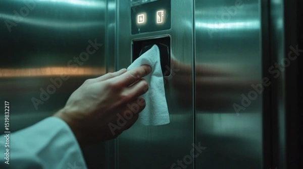 Fototapeta Hand sanitizing elevator buttons with wipe.