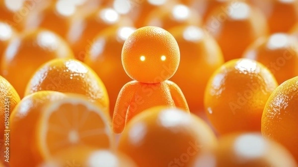 Fototapeta Glowing orange figure amidst many oranges.