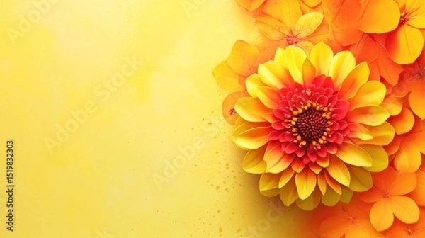Fototapeta Vibrant orange and yellow dahlia flower with smaller blossoms on yellow background.