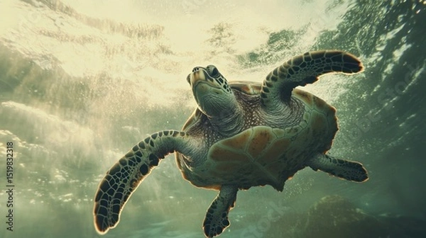Fototapeta Underwater sea turtle swimming towards sunlight.