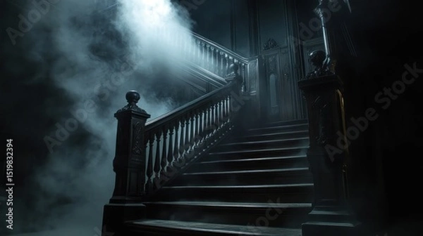 Fototapeta Mysterious, dark, old wooden staircase in a spooky mansion, shrouded in fog.