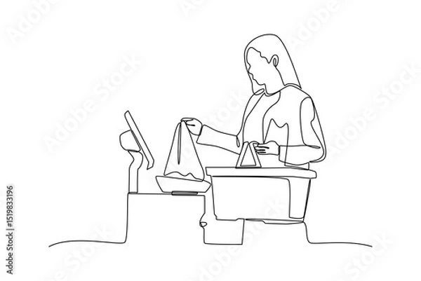 Obraz Cashier processing purchase with continuous line drawing technique